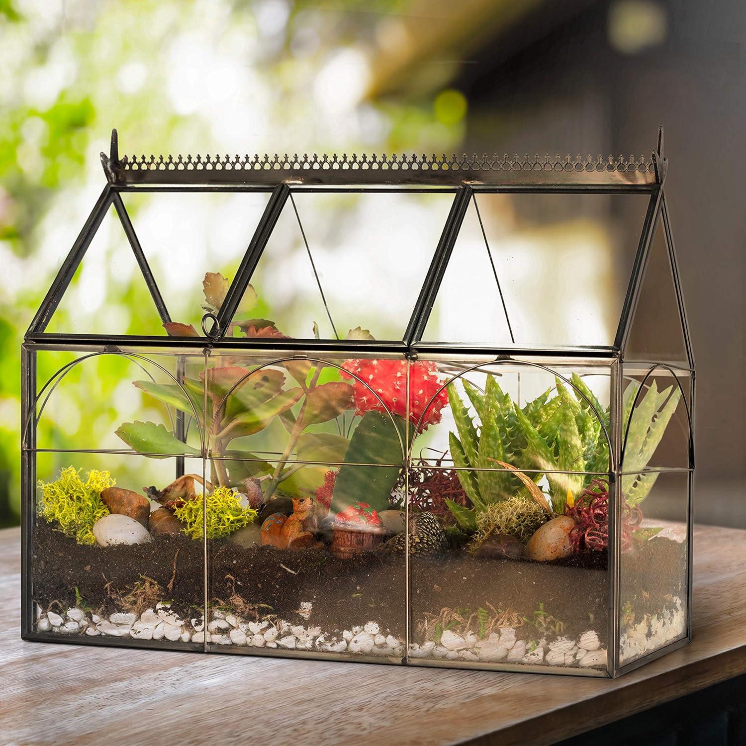 D'Eco Glass Greenhouse Plant Terrarium (10x4.5x9) - Indoor Tabletop Black Hinged Geometric Planter Holiday Decor - Christmas Gift for Plant Lovers