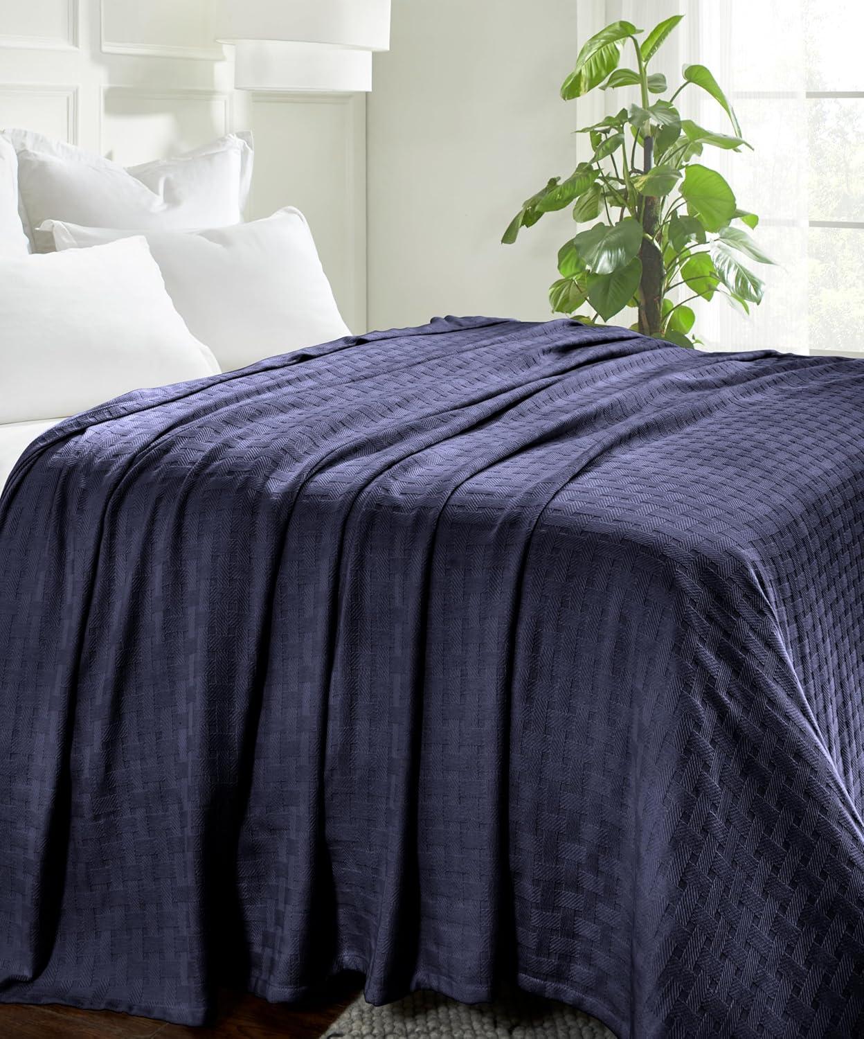 Superior Basketweave All-Season Cotton Blanket, Non-Standard, Navy Blue