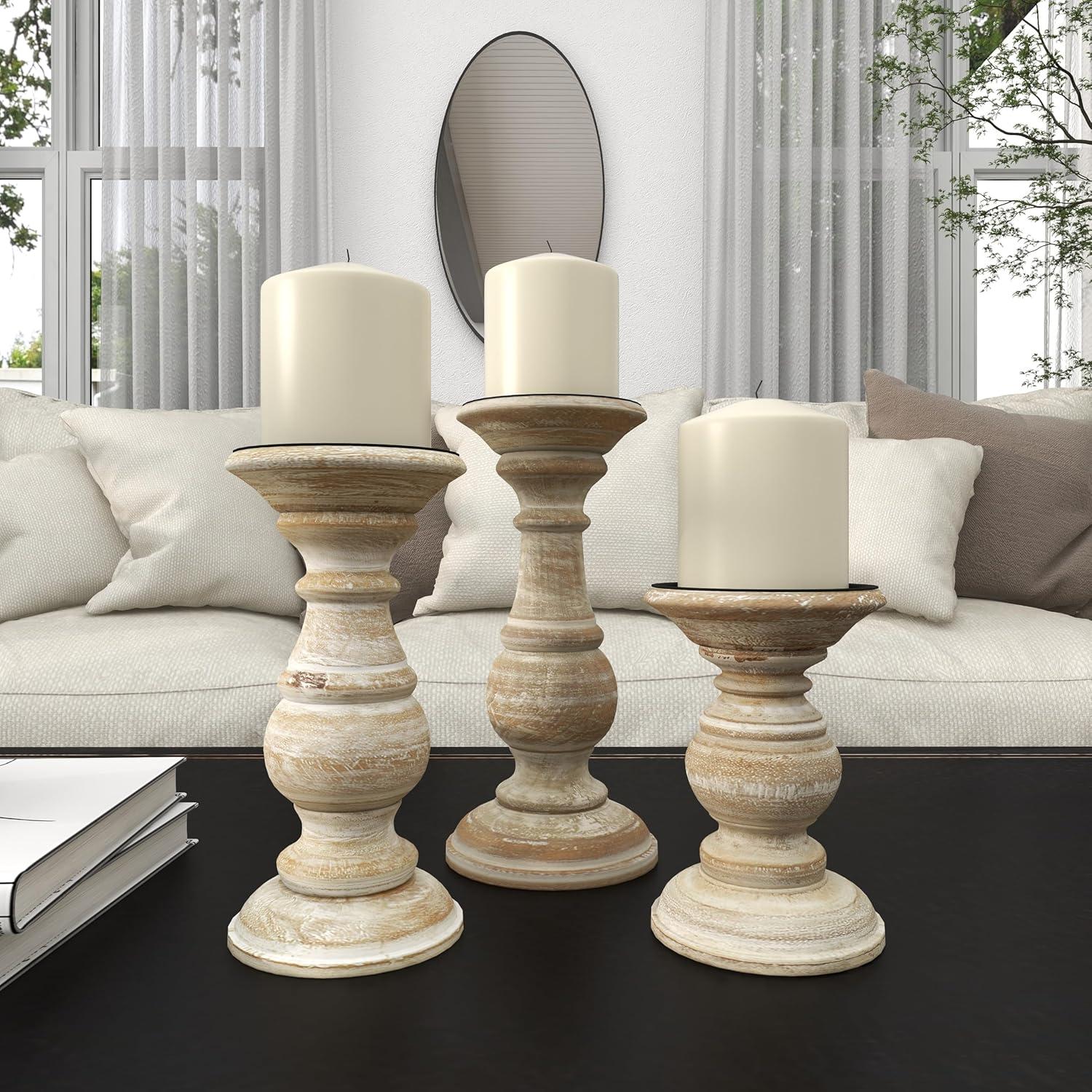 Winter Elegance Cream Mango Wood Pillar Candlestick Trio