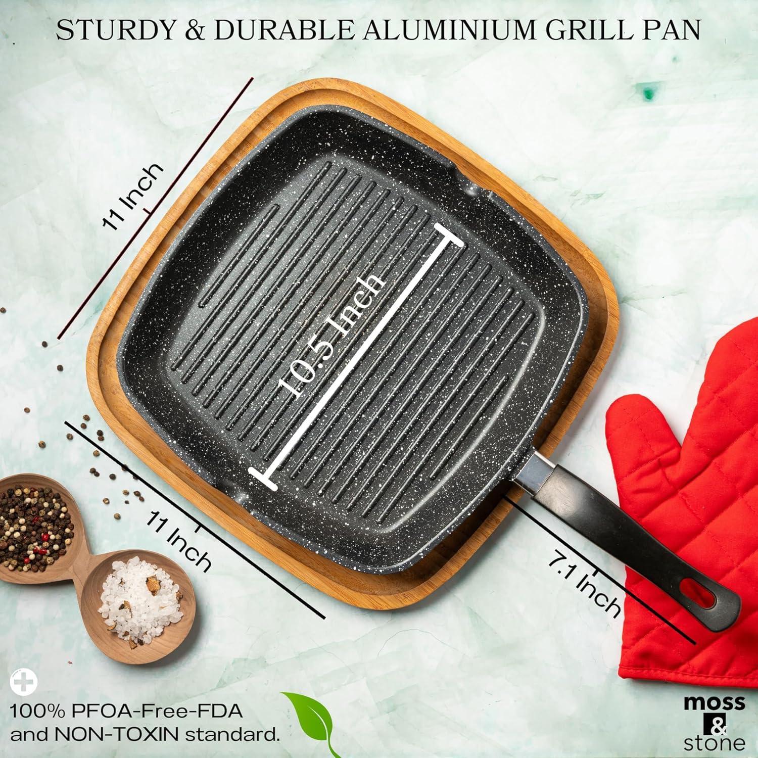 Moss & Stone 11-Inch Black Nonstick Aluminum Square Grill Griddle Pan for Stove Top