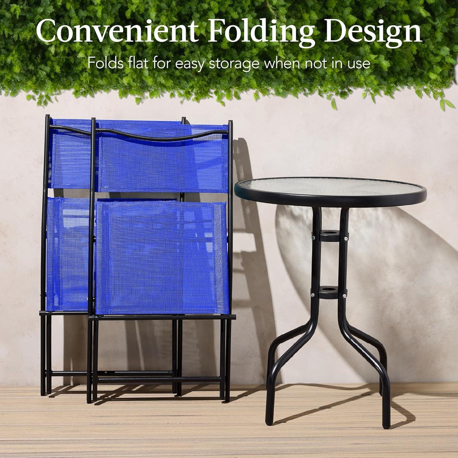 George Oliver 3-Piece Patio Bistro Dining Furniture Set W/ Glass Tabletop, Folding Chairs