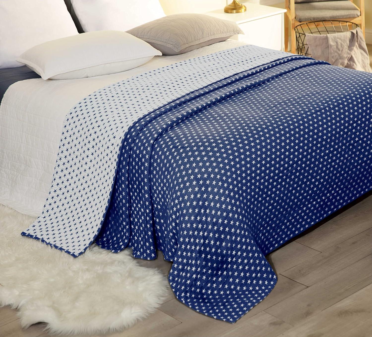 Sterling Creek Dawson Navy White Star Muslin Blanket Queen Three Layers Lightweight Breathable Cotton Gauzy Blanket Queen