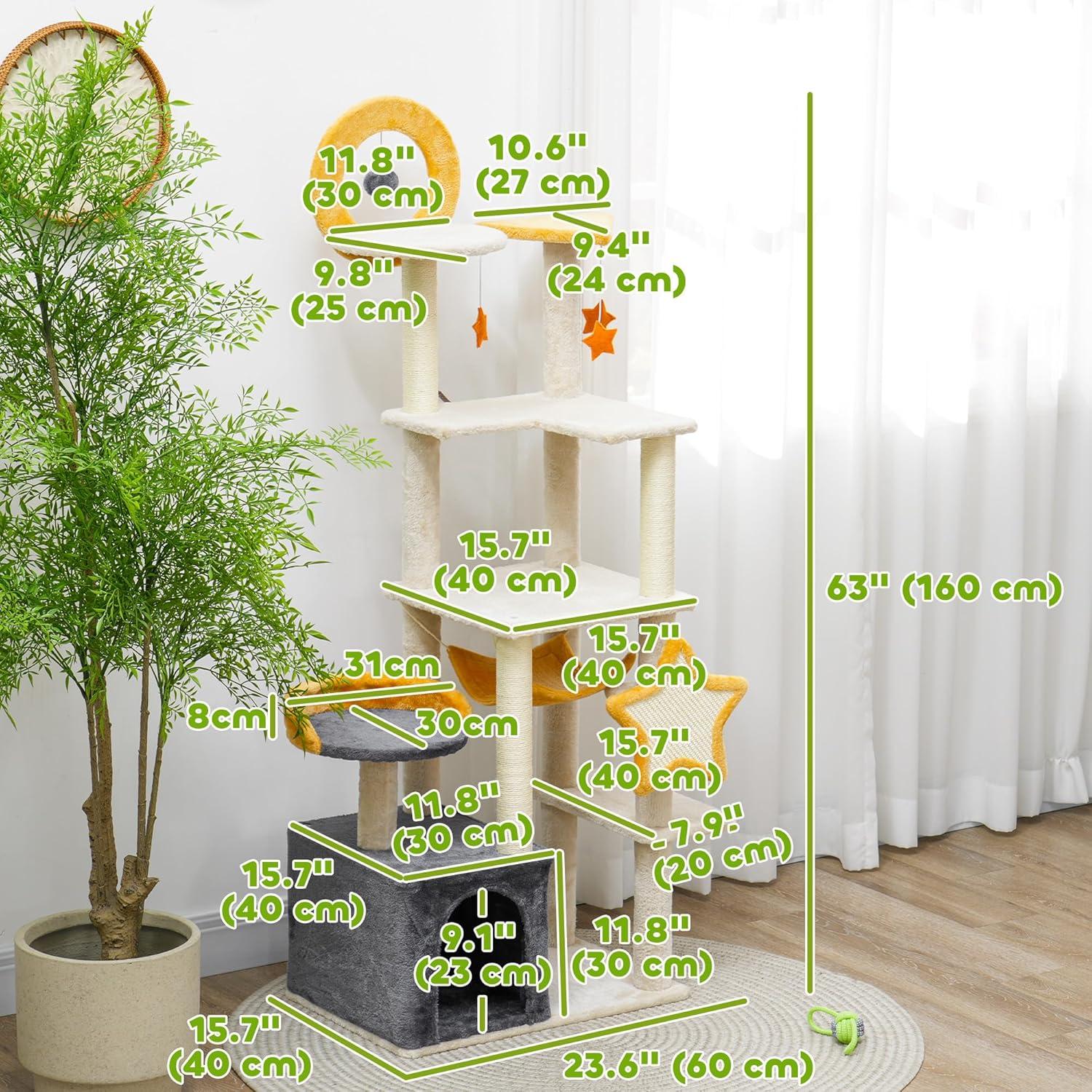 PawHut Cat Tree, 63 Inch Moon and Star Themed Cat Tower with Scratching Post, Hammock, Condo, Bed, Scratching Board & Cat Toys, Beige