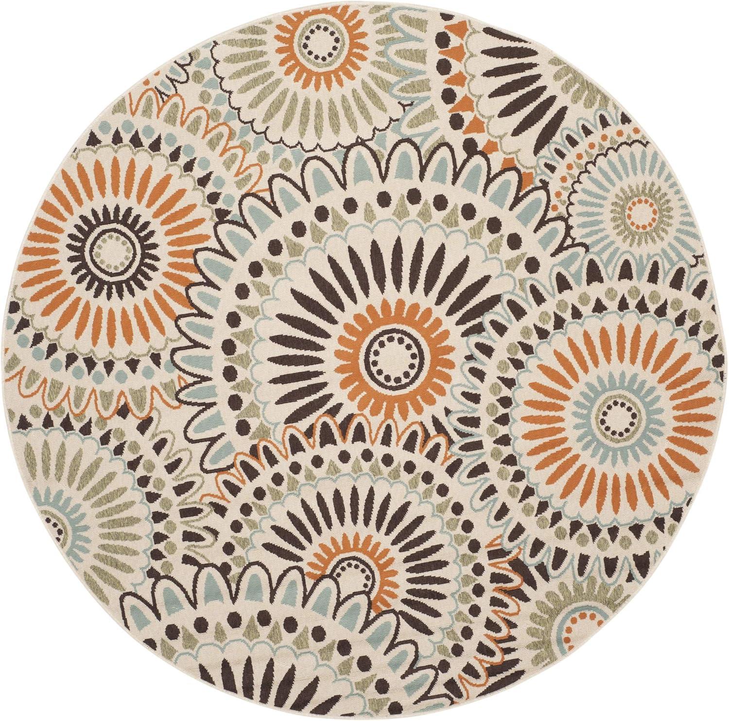 Round Cream and Chocolate Synthetic Floral Area Rug