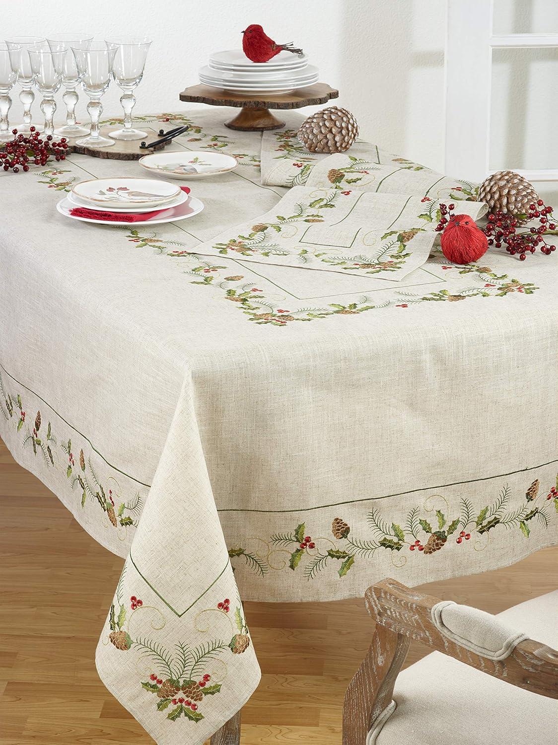 Natural Embroidered Pinecone and Holly Christmas Tablecloth 67" x 140"