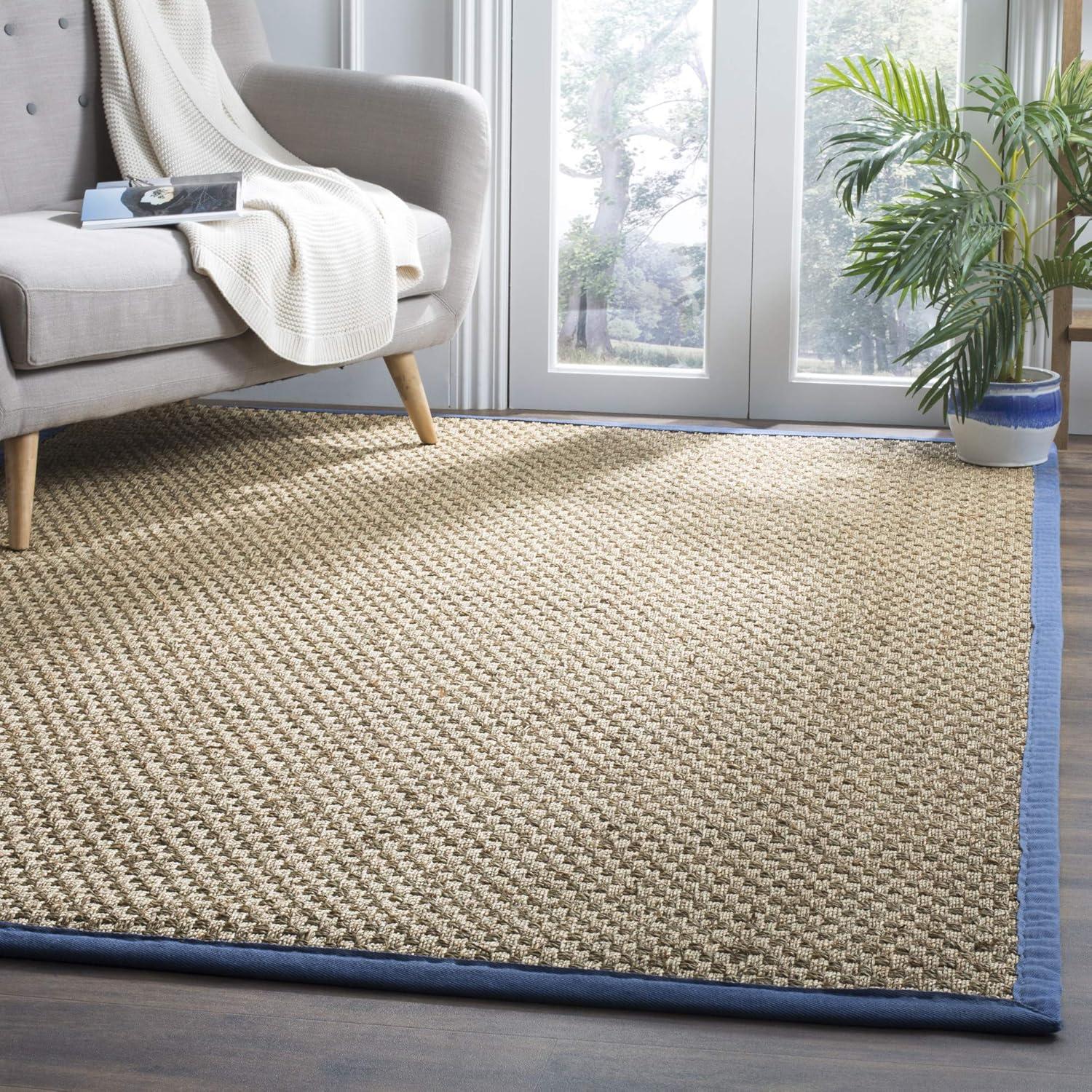 Natural and Light Blue Cotton Border Area Rug, 6' x 9'