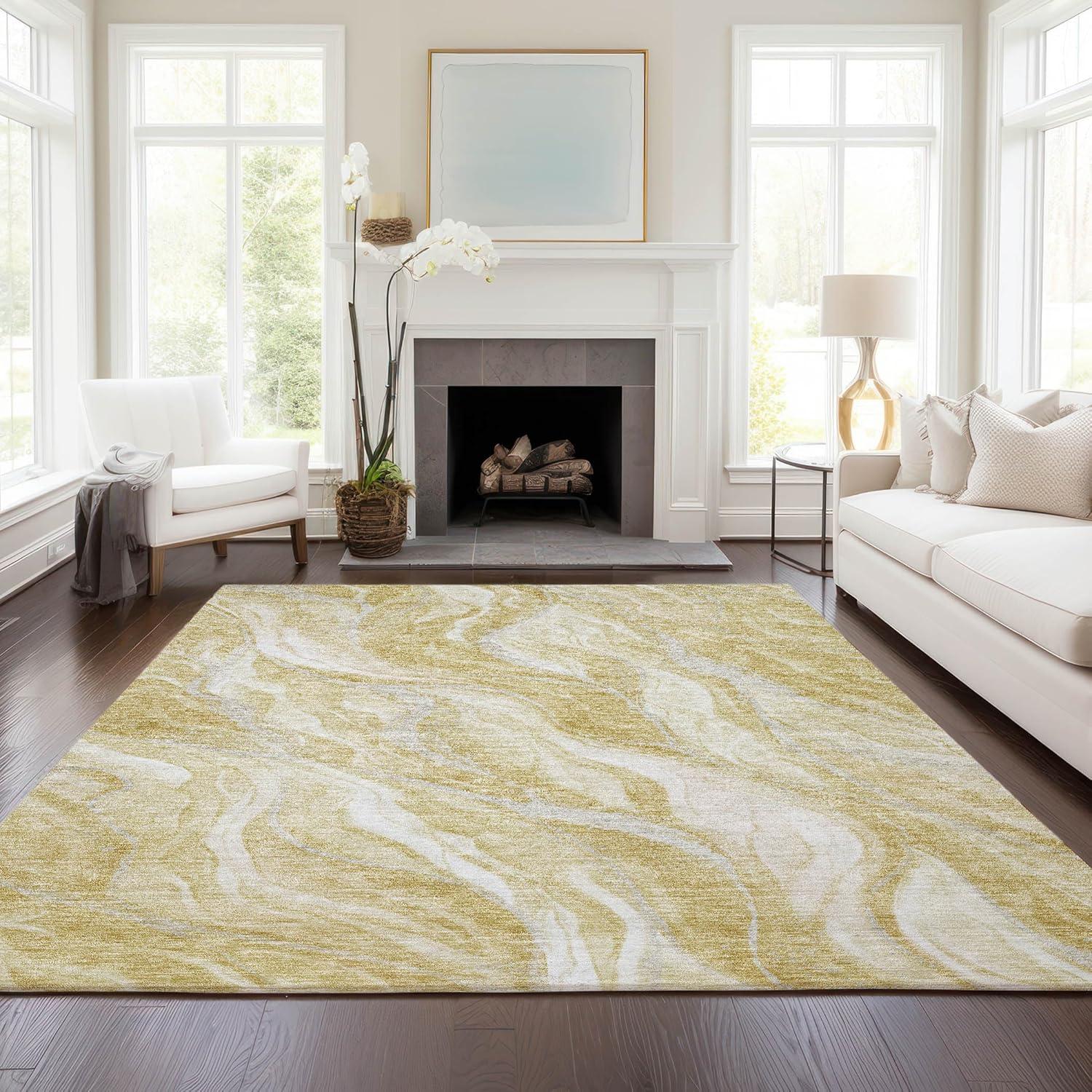 Gold and Beige Rectangular Machine-Washable Indoor/Outdoor Rug