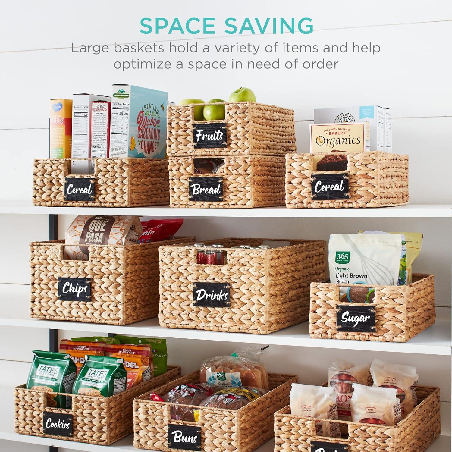 Best Choice Products Set of 4 12in Woven Water Hyacinth Pantry Baskets w/ Chalkboard Label, Chalk Marker - Natural