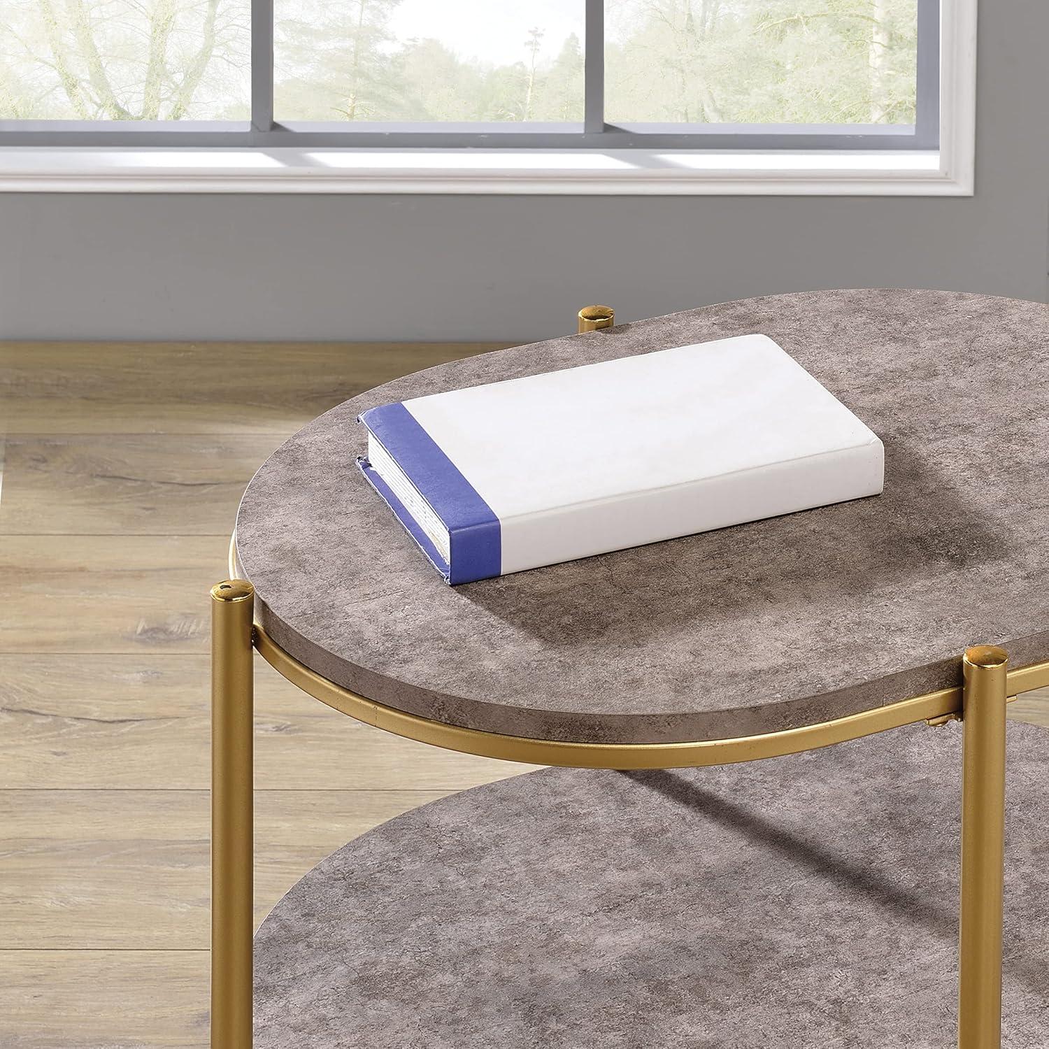 OSP Home Furnishings Renton 3-Tier Oval Side Table, Brown Stone Shelves and Soft Gold Frame