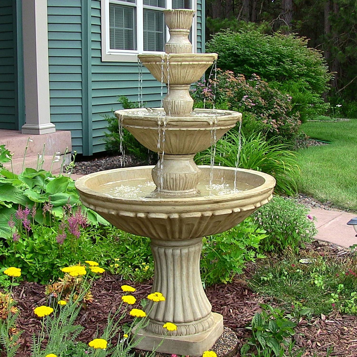 Sunnydaze 55"H Electric Polystone Classic Style 3-Tier Designer Outdoor Water Fountain, White Finish