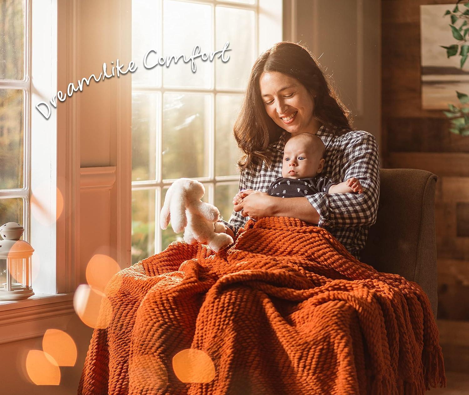 Chanasya Textured Knit Throw Blanket with Tassels - 60" x 70” - Orange