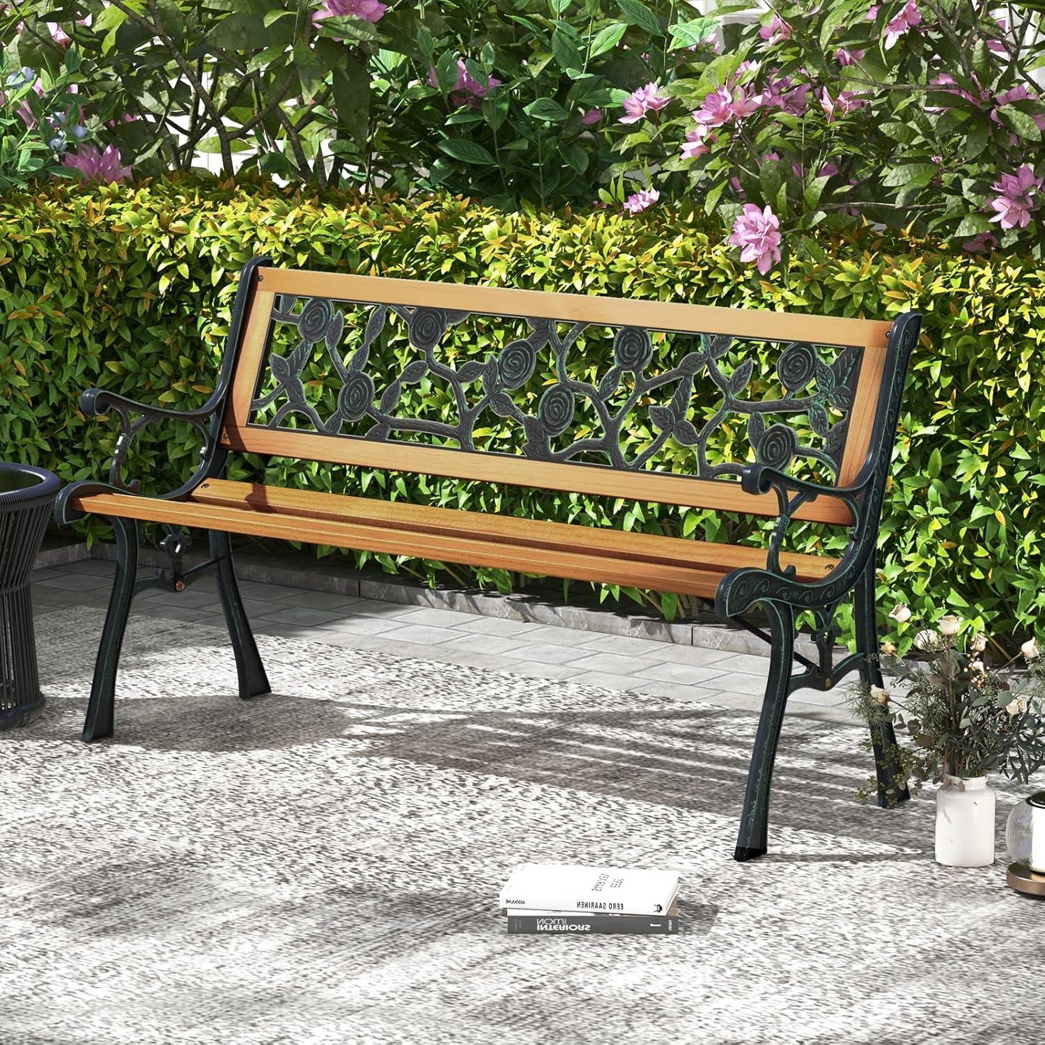 Tangkula Garden Cast Iron Bench Porch Path Loveseat Hardwood Chair for Patio Park