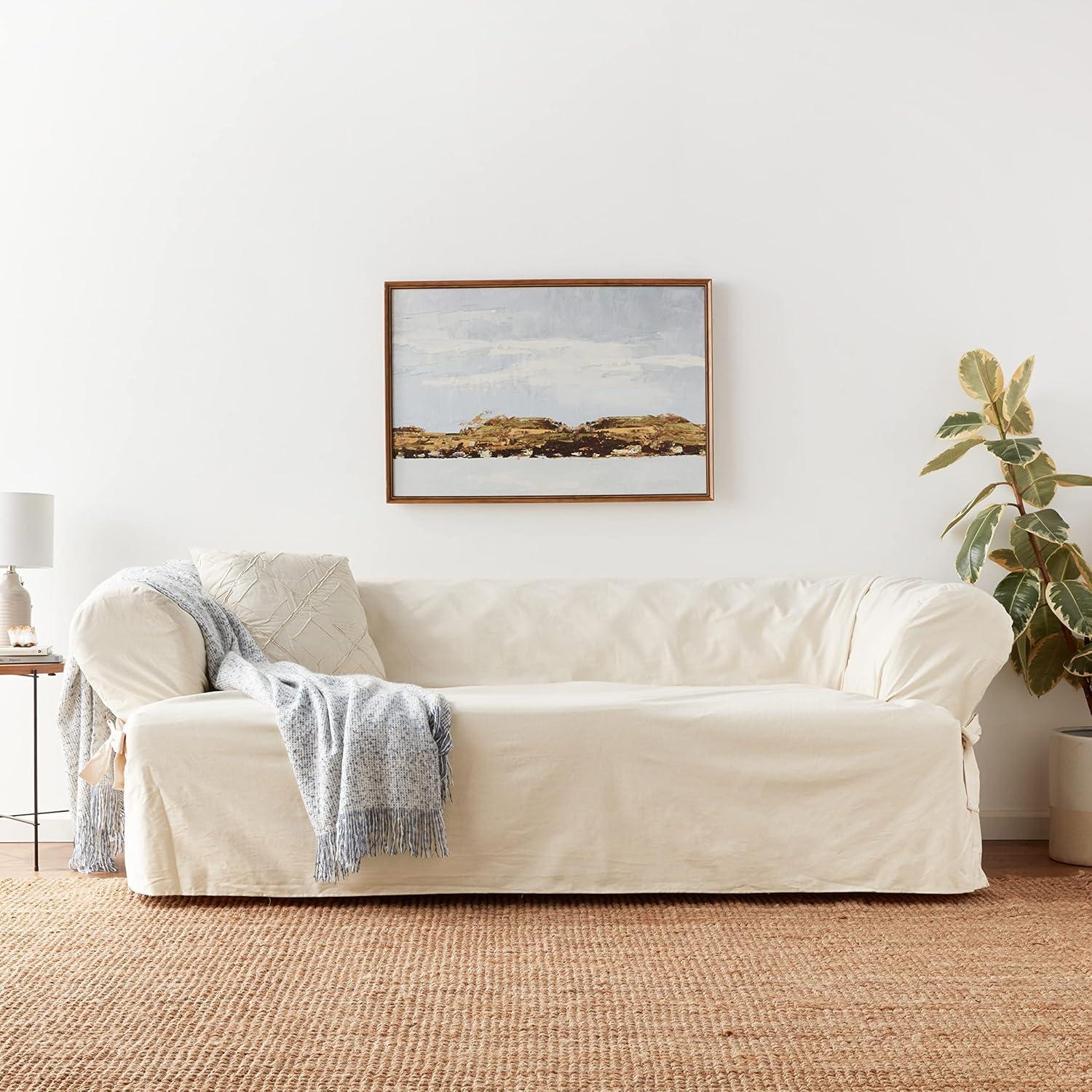 Natural Cotton Duck T-Cushion Sofa Slipcover with Tailored Skirt