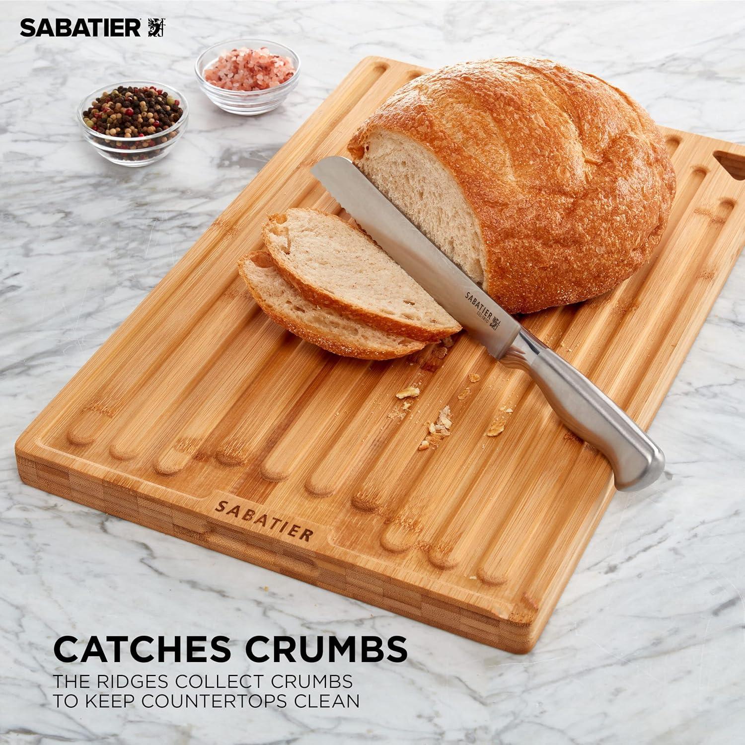 Sabatier Extra-Large Bamboo Cutting Board with Juice Trench & Handles, Reversible Kitchen Chopping Board for Meal Prep & Serving, Bread Board with Grooves for Charcuterie (12" x 18")