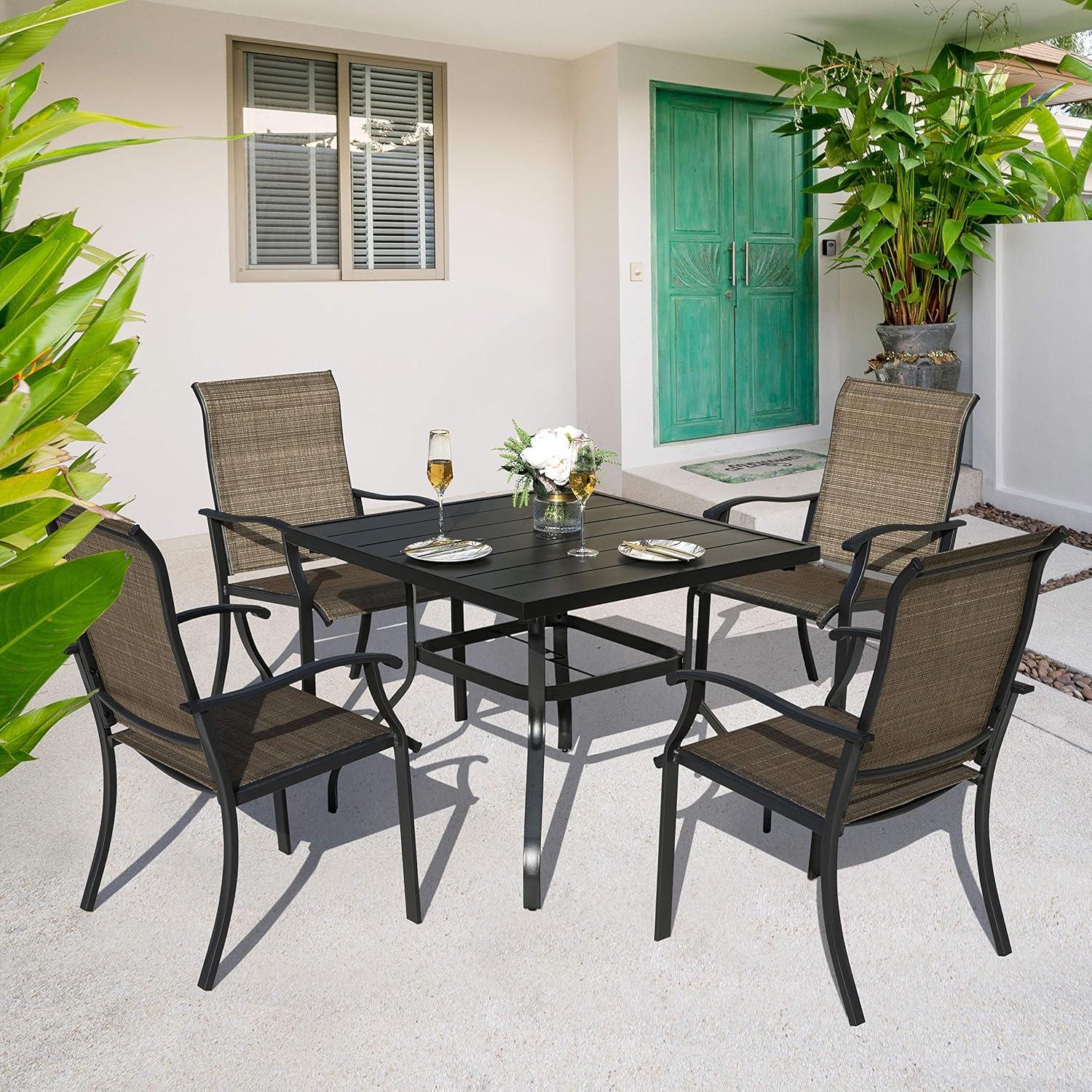 Black and Brown Steel Frame Outdoor Dining Chairs with Armrests