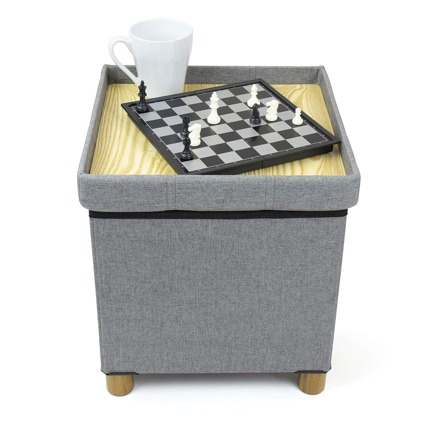 Humble Crew Dakota Collapsible Cube Storage Ottoman Foot Stool with Tray, Grey