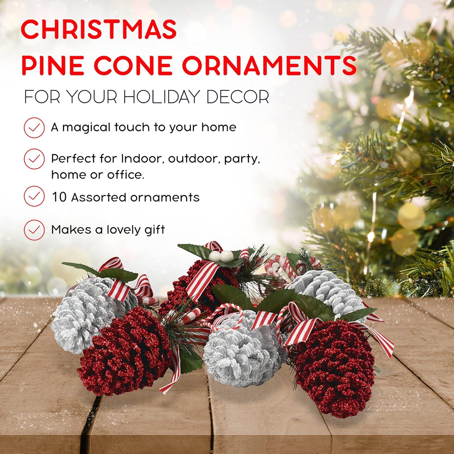 Ornativity Red and White Pinecone Ornaments - 10 Pack