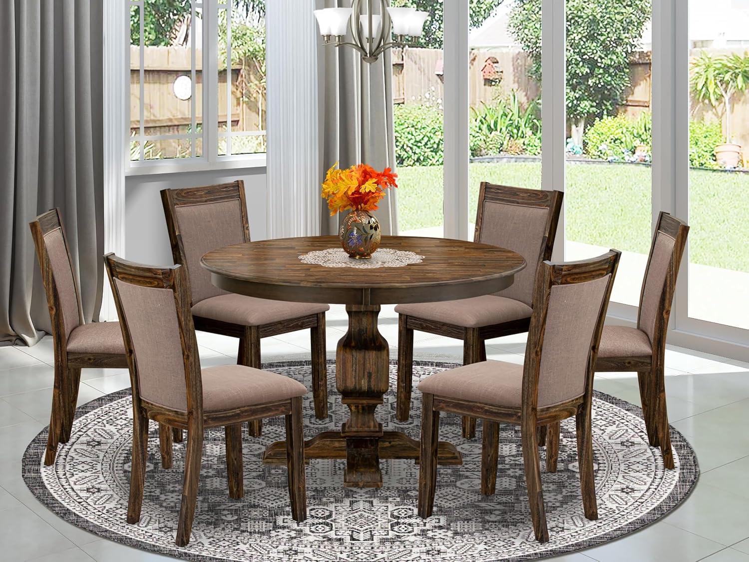 Ferris 48" Round Jacobean Wood Dining Set with Coffee Linen Chairs