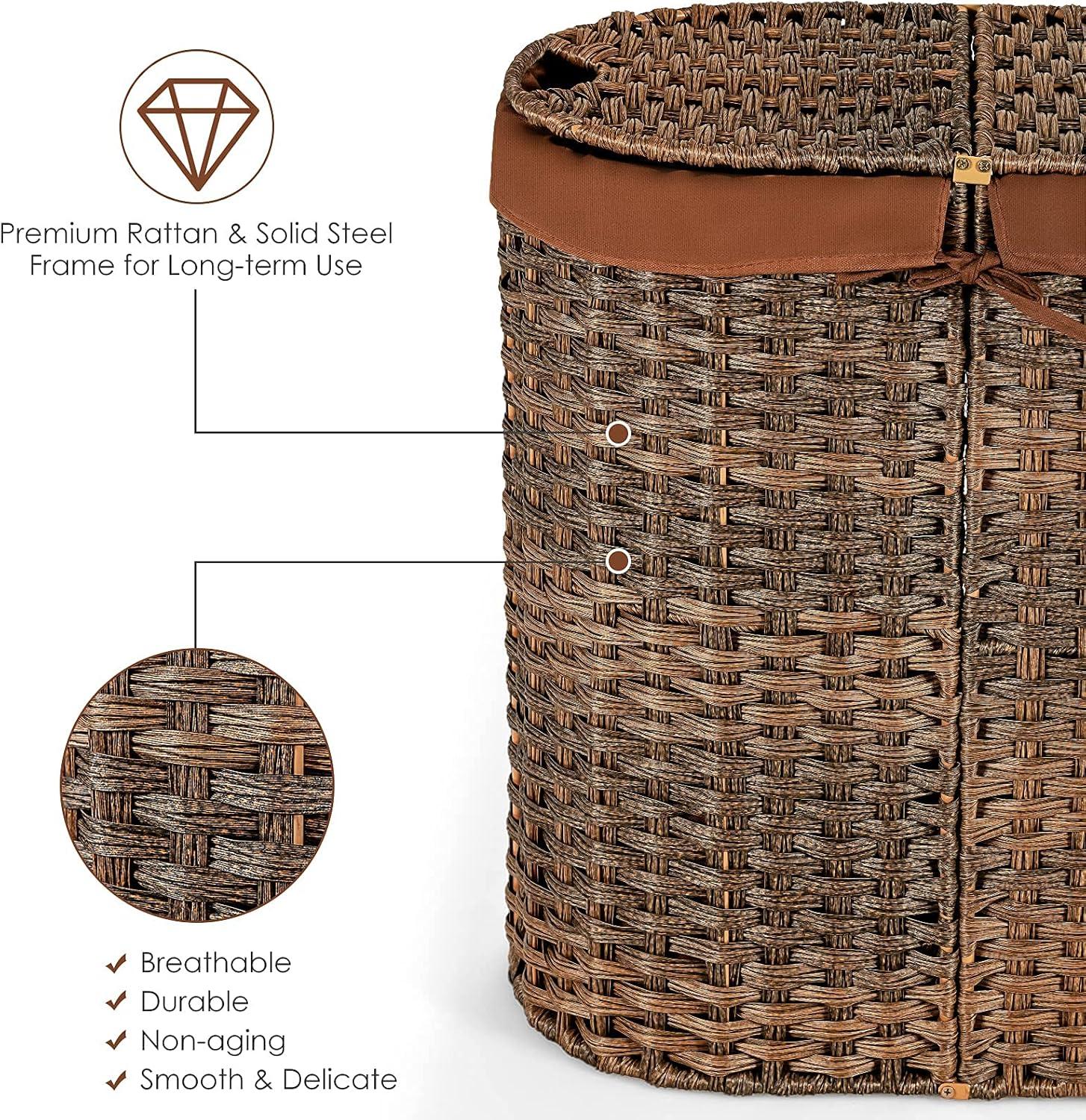 FENG20 Handwoven Laundry Hamper Laundry Basket w/2 Removable Liner Bags Brown