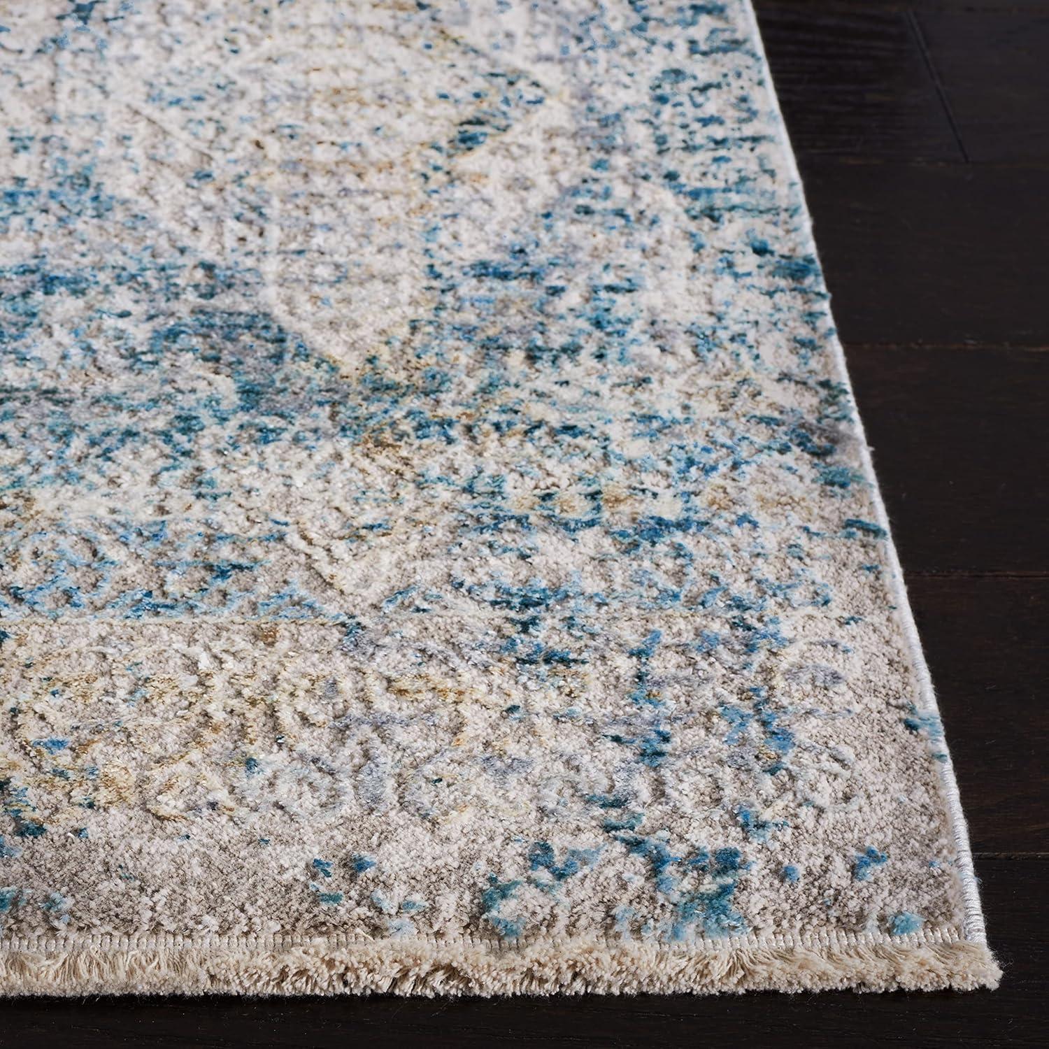 Gray and Blue Hand-Knotted Wool and Viscose Runner Rug