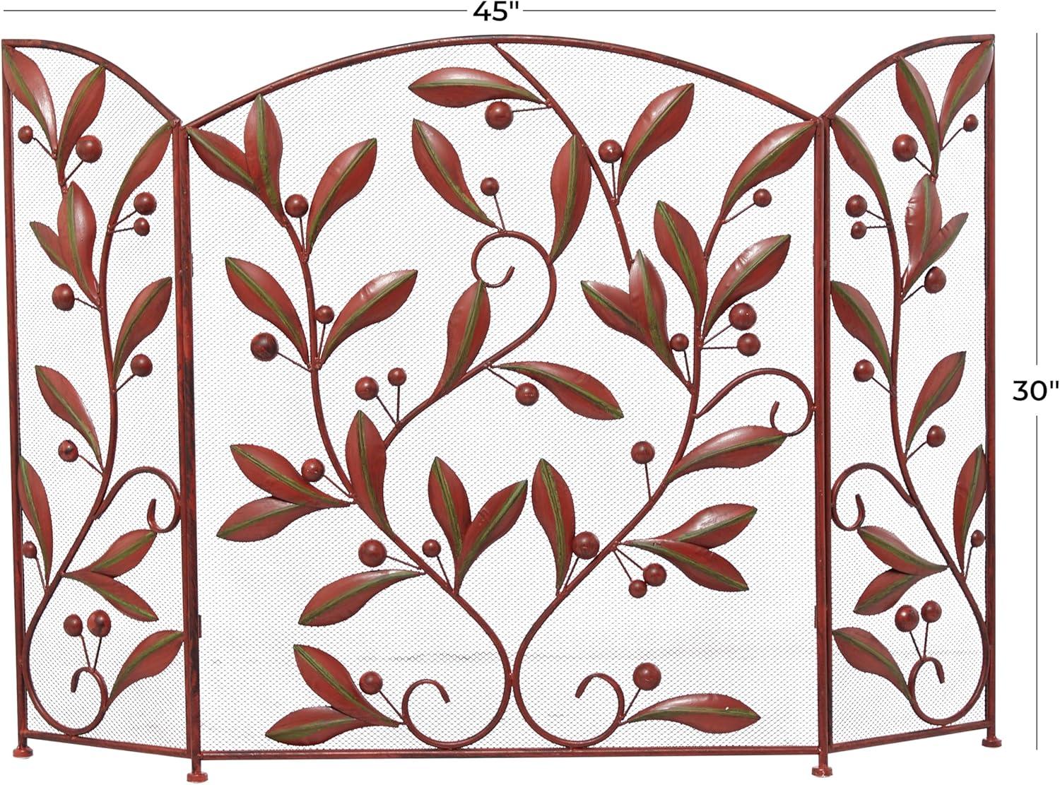 DecMode 45" x 30" Red Metal Foldable Mesh Netting 3 Panel Fireplace Screen with Leaf and Vine Relief, 1-Piece