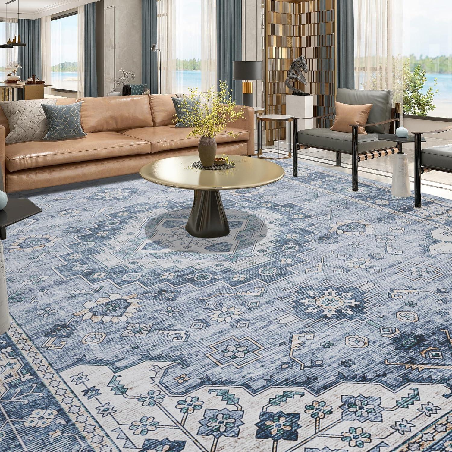 GlowSol 8x10 Floral Area Rug for Living Room Bedroom Retro Distressed Area Rug Traditional Medallion Non-Slip Low Pile Carpet Floor Decoration, Blue