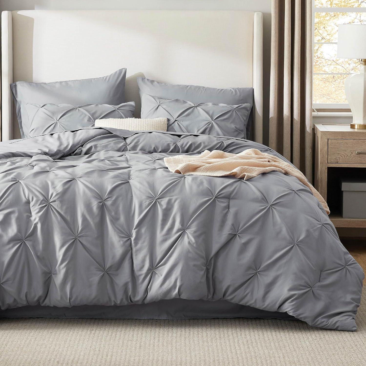 Queen Comforter Set - Bed in a Bag Queen 7 Pieces, Pintuck Bedding Sets Grey Bed Set with Comforter, Sheets, Pillowcases & Shams