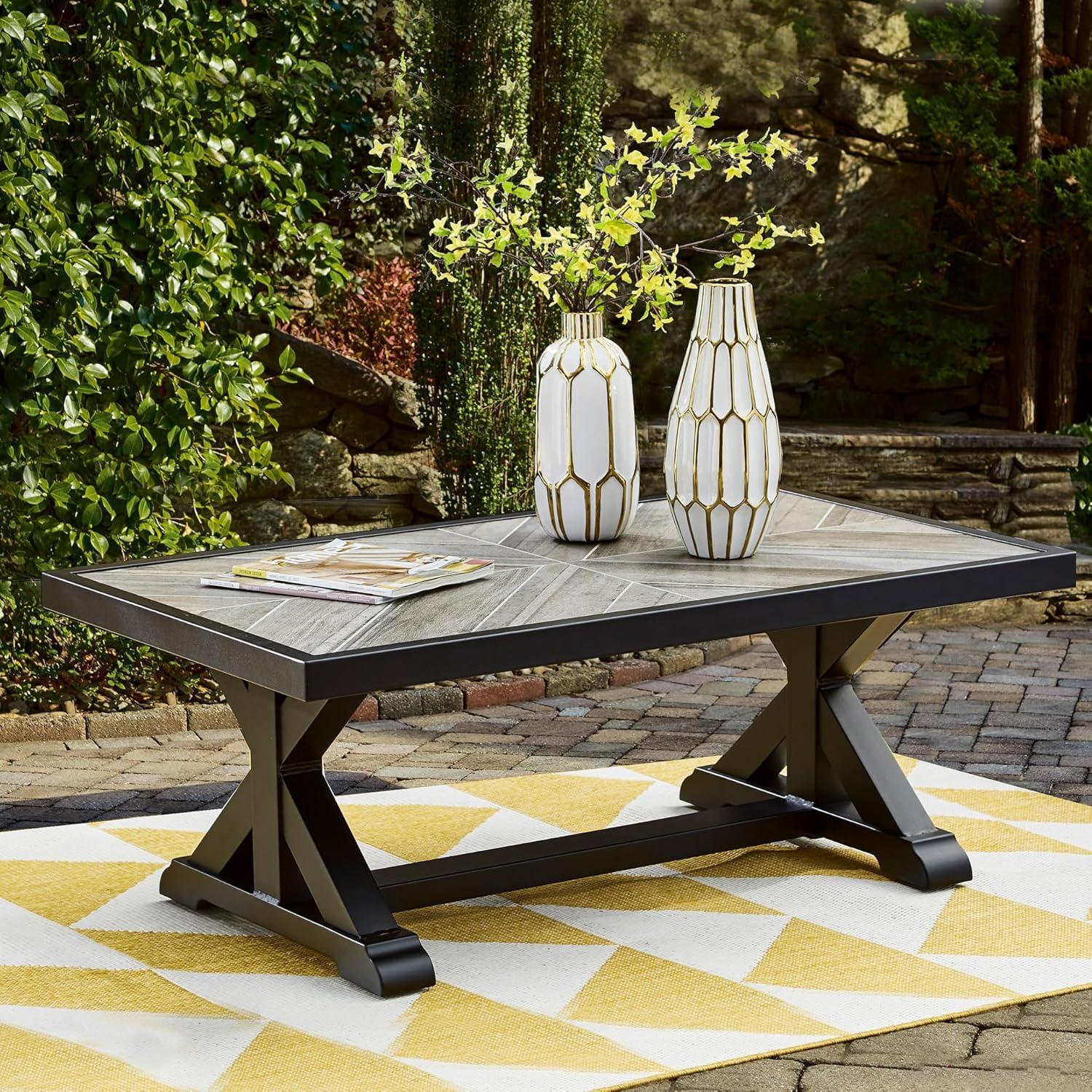 Black and Gray Rectangular Outdoor Coffee Table with Porcelain Top
