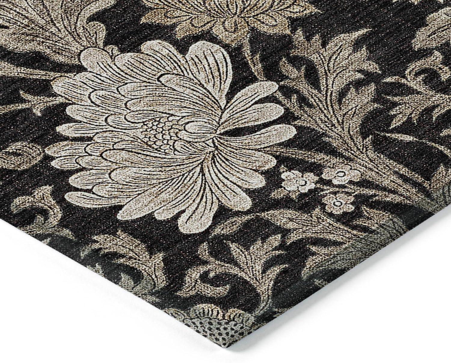 Black Floral Synthetic 5' x 7' Washable Area Rug