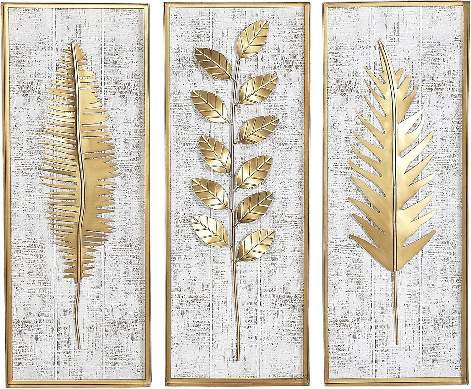 DecMode Gold Metal Framed 3D Leaf Wall Decor with Distressed Wood Backing (3 Count)