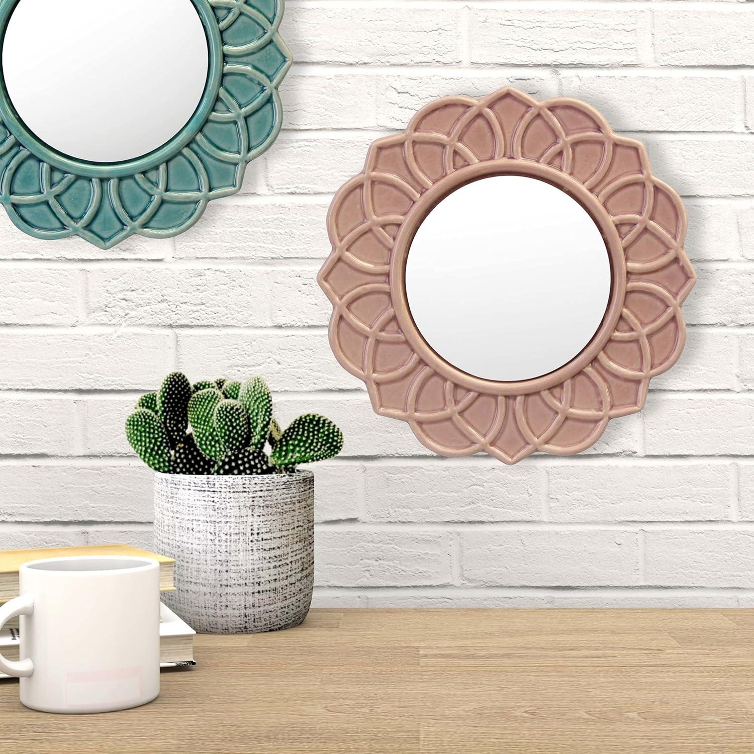 Stonebriar Collection 9" Round Floral Ceramic Wall Hanging Mirror Pink : Modern Decorative