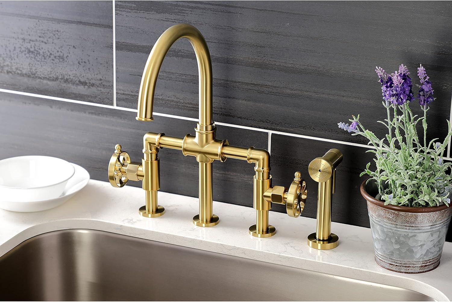 Kingston Brass Two-Handle 4-Hole Deck Mount Industrial Style Bridge Kitchen Faucet with Brass Side Sprayer