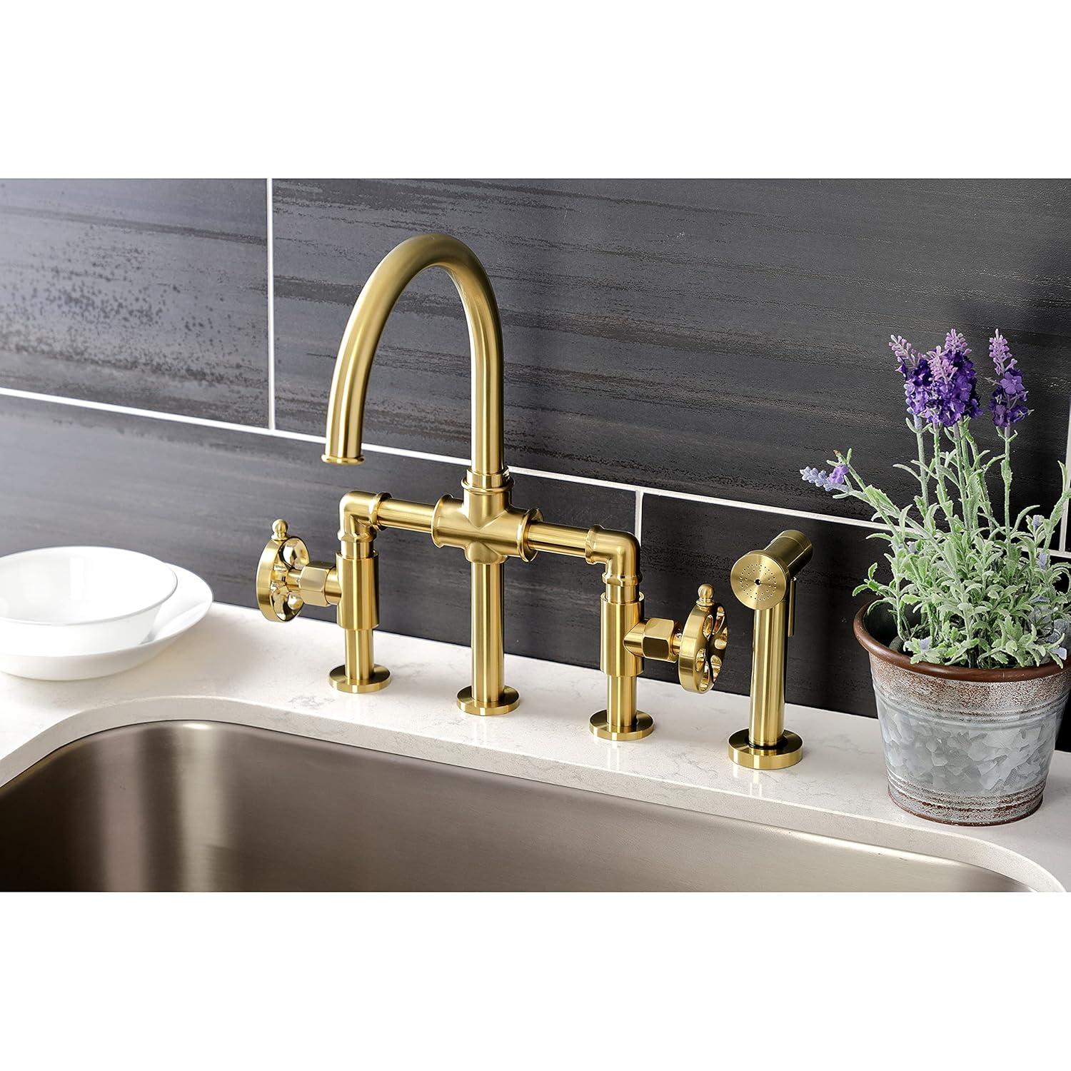 Kingston Brass Kingston Brass Two-Handle 4-Hole Deck Mount Industrial Style Bridge Kitchen Faucet with Brass Side Sprayer KS2333RX
