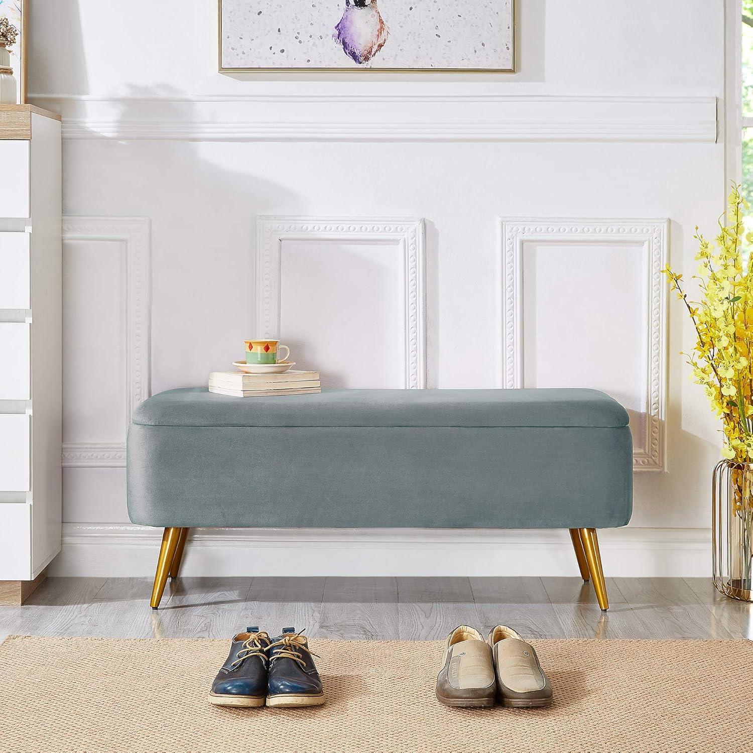 Gray Velvet Upholstered Storage Bench with Golden Tapered Legs