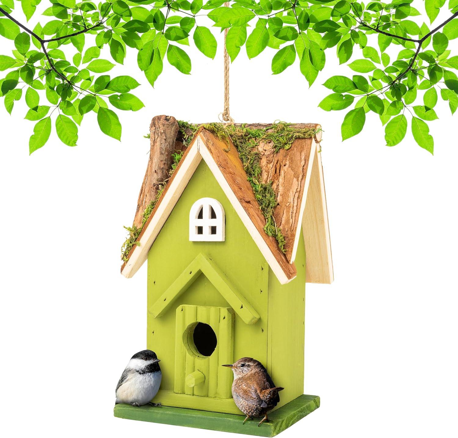 Rustic Green Handcrafted Wooden Birdhouse with Moss Detail