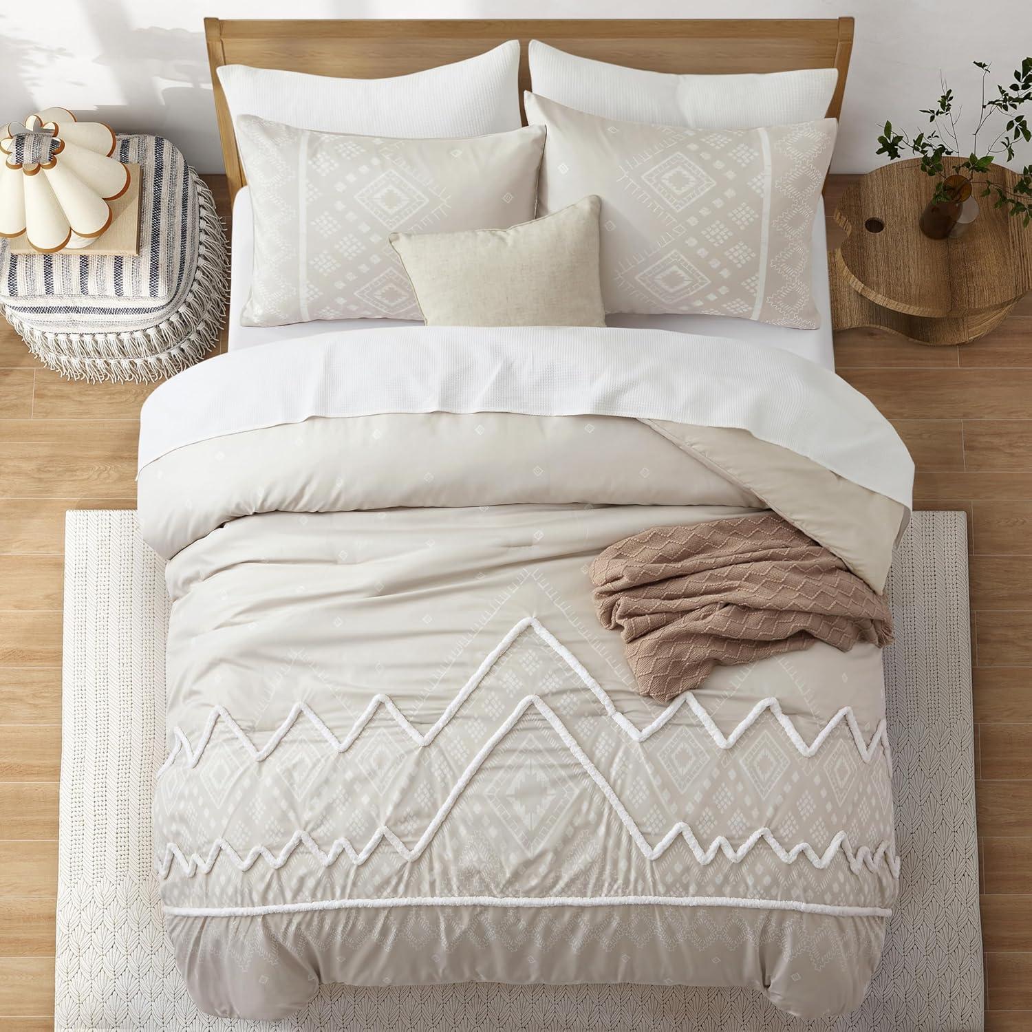 Oli Anderson Cream King Comforter Set Tufted Bedding Set King 3 Pieces, Boho Shabby Chic Comforter with 2 Pillowcases (Cream,King)