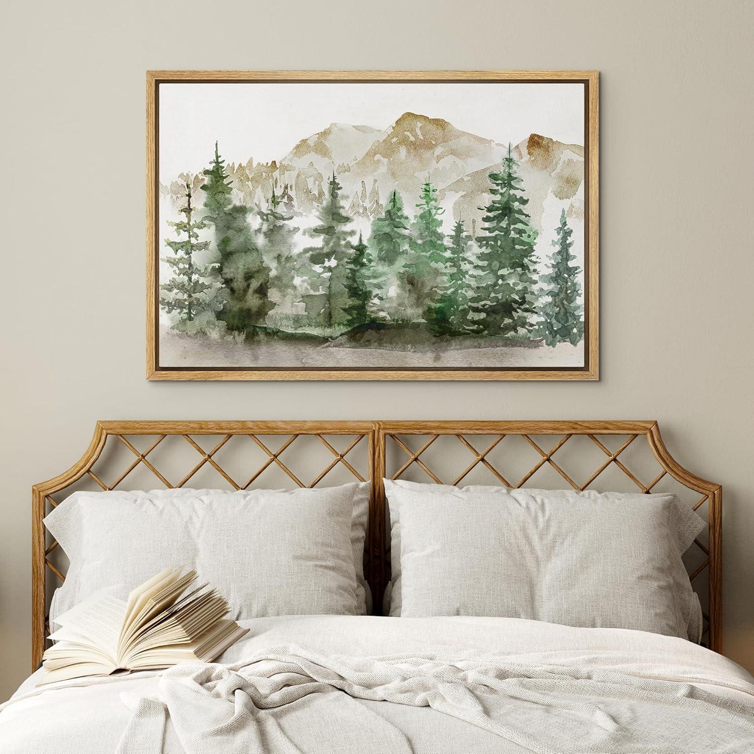 wall26 Framed Canvas Print Wall Art Watercolor Mountain Forest Landscape Nature Wilderness Illustrations Modern Rustic Scenic Colorful for Living Room, Bedroom, Office - 24"x36"White