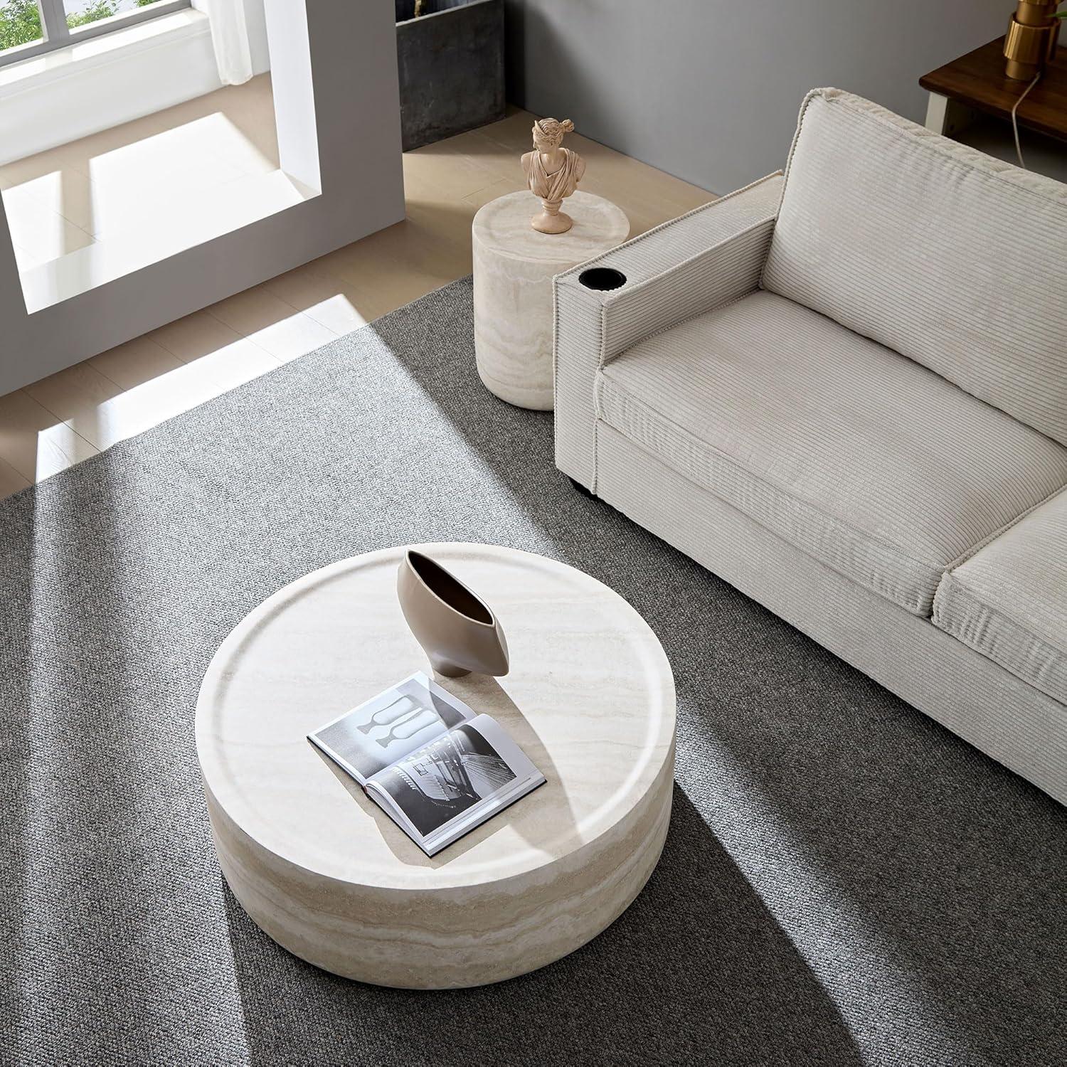 Set of 2 Faux Marble Round Coffee Tables in Beige