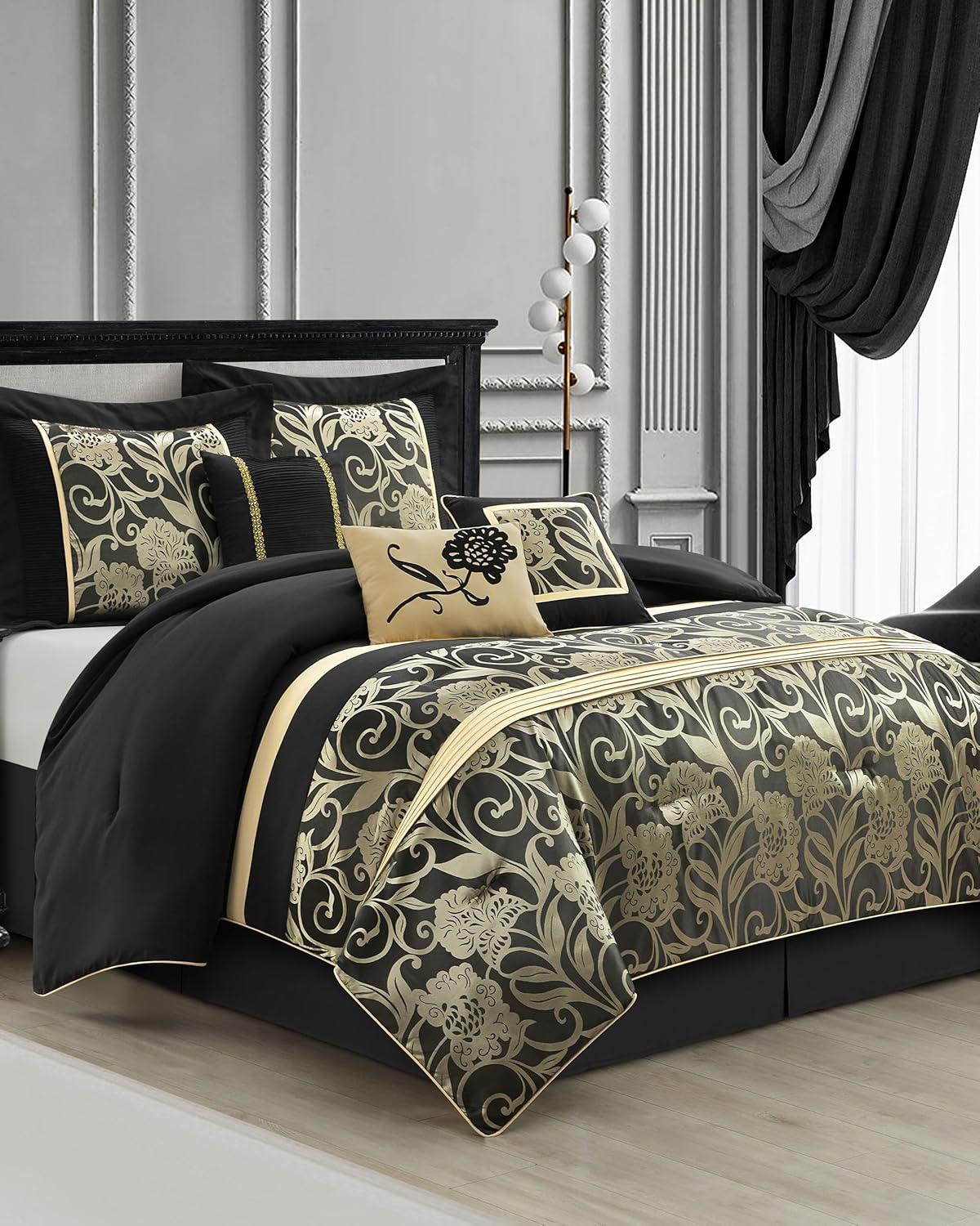 Nanshing America, Inc Fennville Black/Gold/Beige Microfiber 7 Piece Comforter Set
