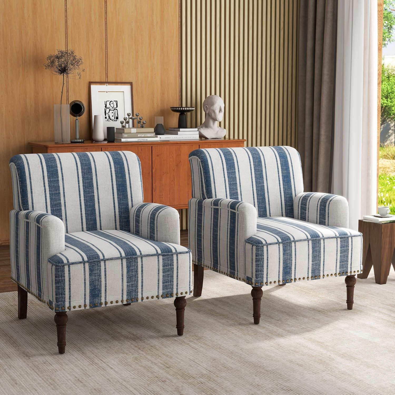 Blue and White Striped Barrel Accent Chair Set with Nailhead Trim