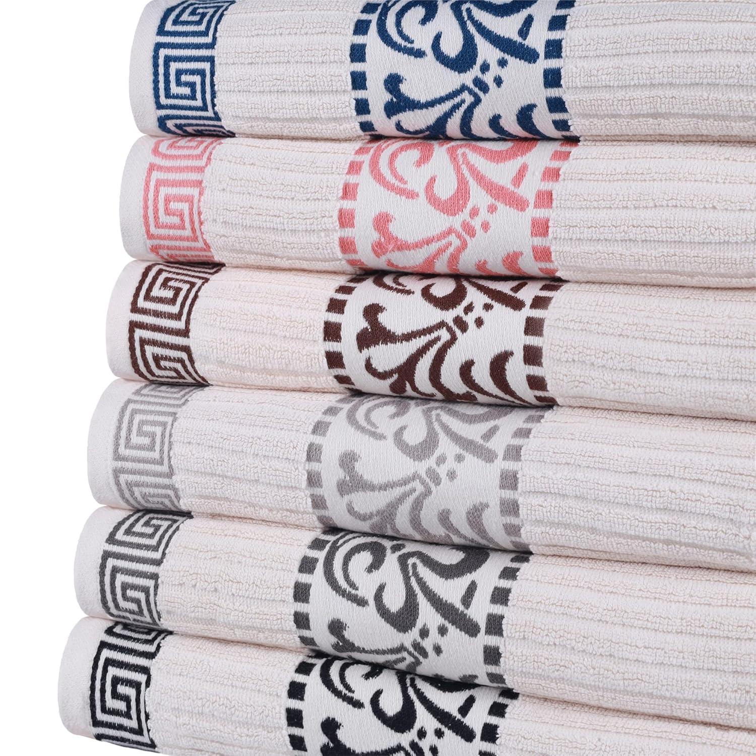 Superior Athens 6-Piece Cotton Greek Scroll Towel Set, Ivory-Gray