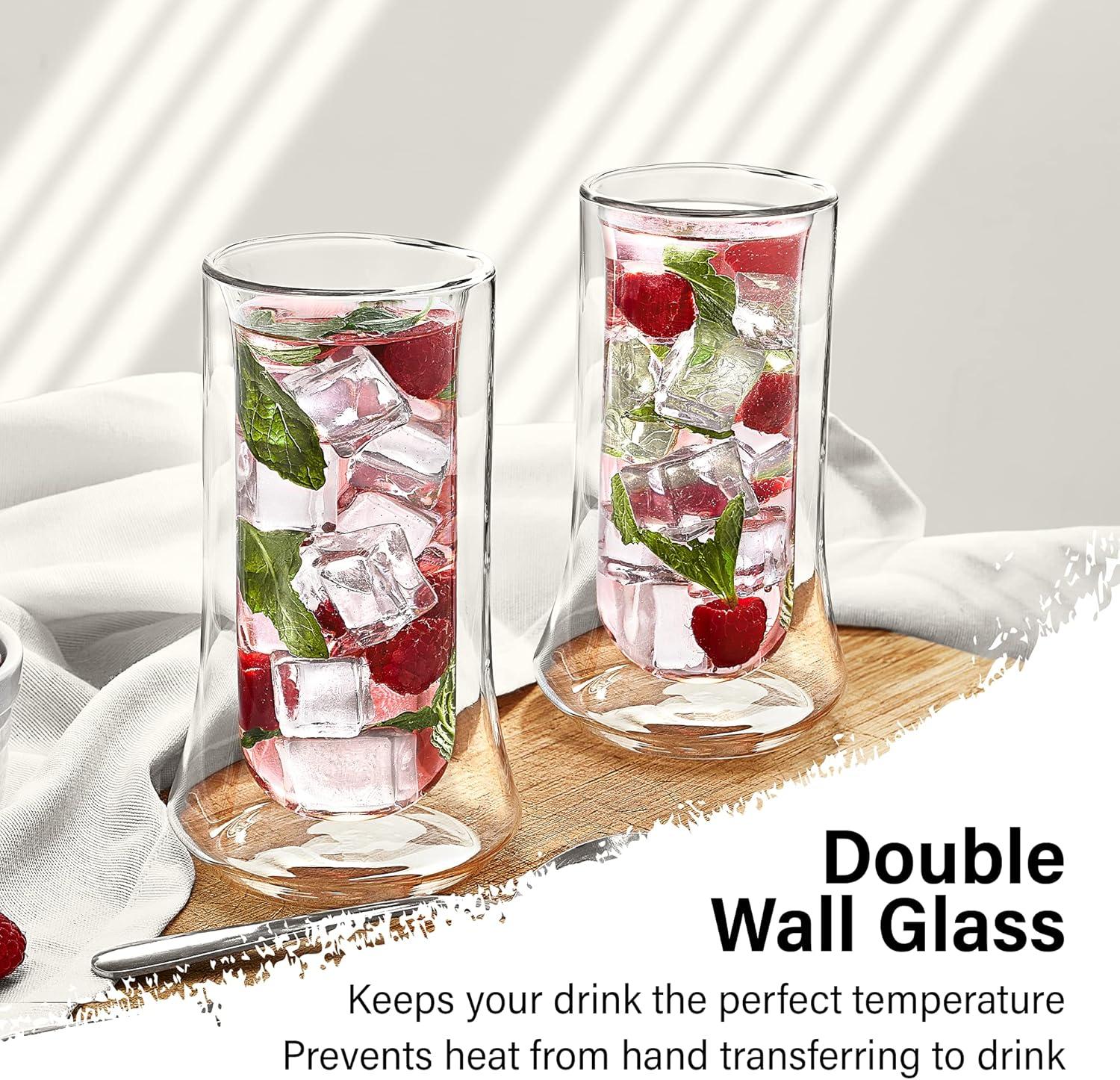 JoyJolt Cosmo Double Wall Highball Glasses – Set of 2 Insulated Glass Tumbler for Cocktails - 10 oz