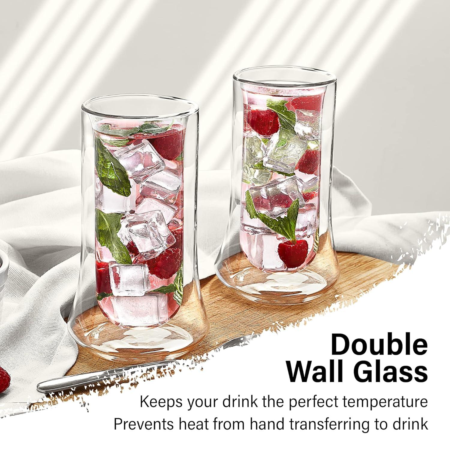JoyJolt Cosmo Double Wall Highball Glasses – Set of 2 Insulated Glass Tumbler for Cocktails - 10 oz