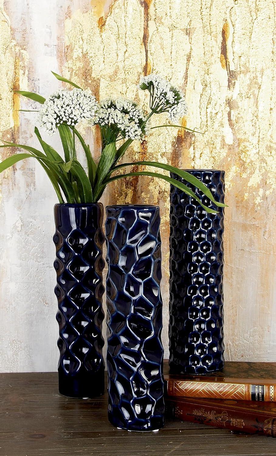 DecMode 3"W, 12"H Dark Blue Ceramic Vase with Varying Patterns, Set of 3