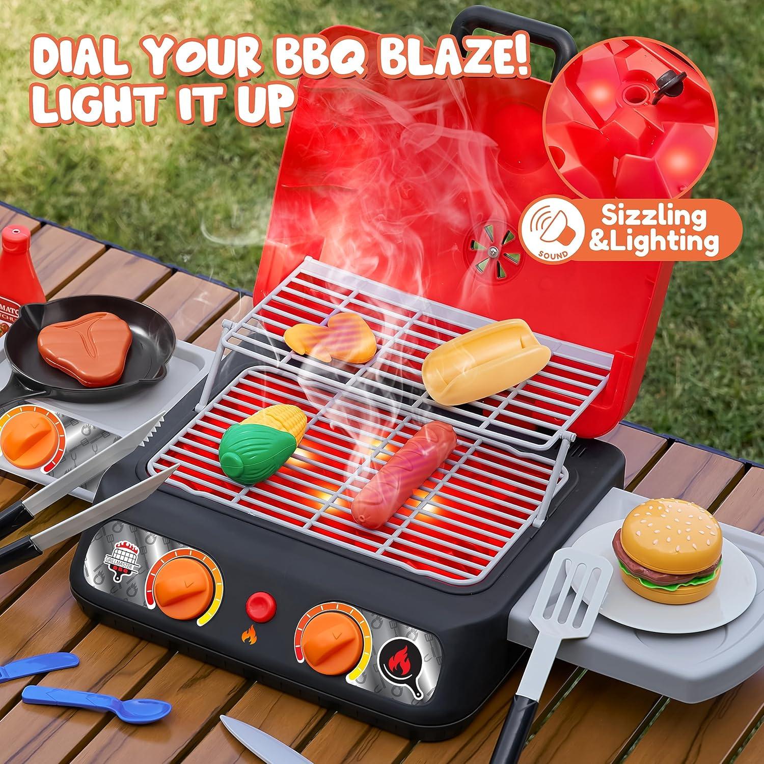 Kids BBQ Grill Playset, Kitchen Toy Set with Pretend Smoke, Light,Indoor Outdoor Cooking Toy for Boys Girls Kids