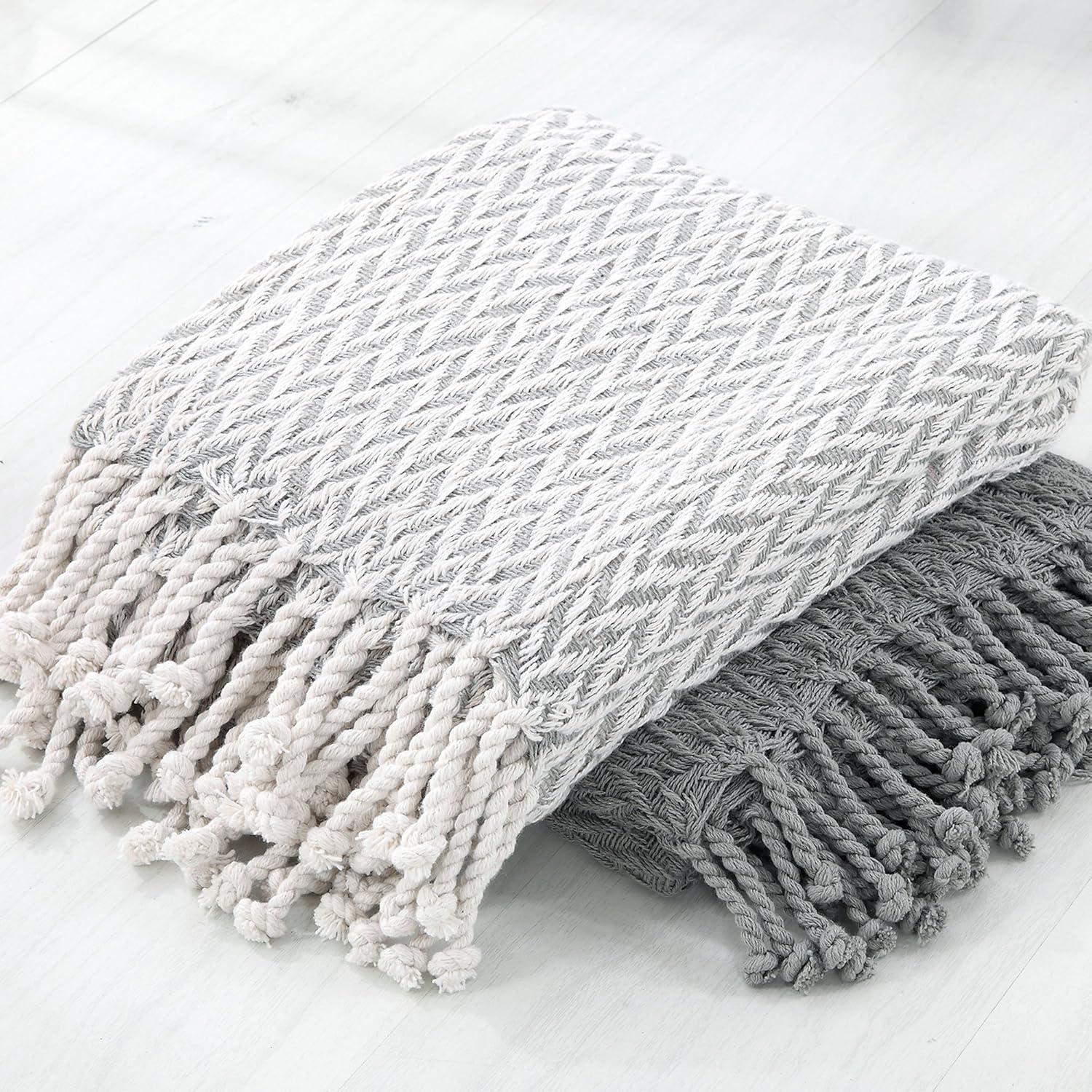 Monaco Chic 100% Cotton Reversible Throw with Tassels, 50" x 60", Gray