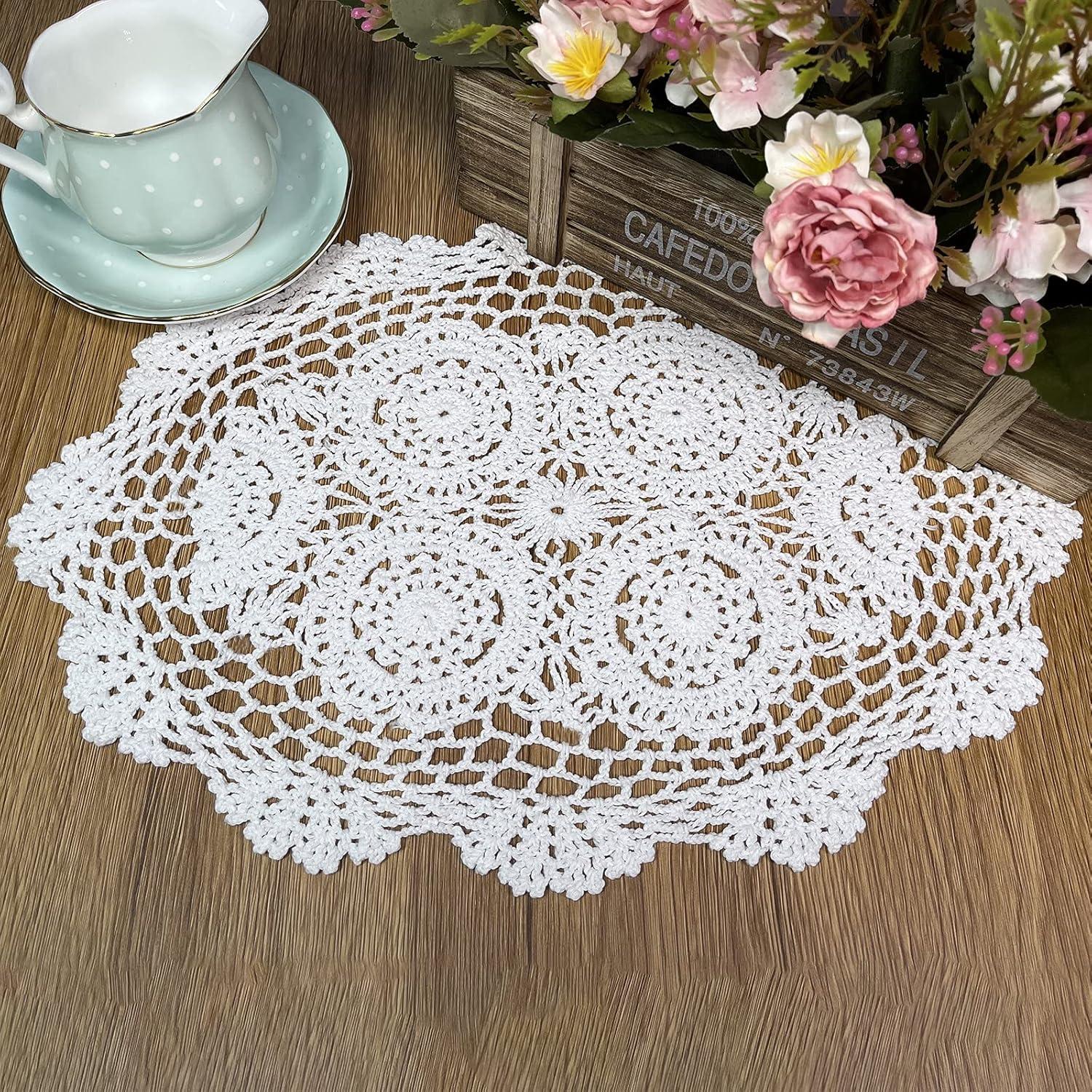 Handmade White Crochet Cotton Lace Oval Placemats, 12 x 17 inch, Set of 4