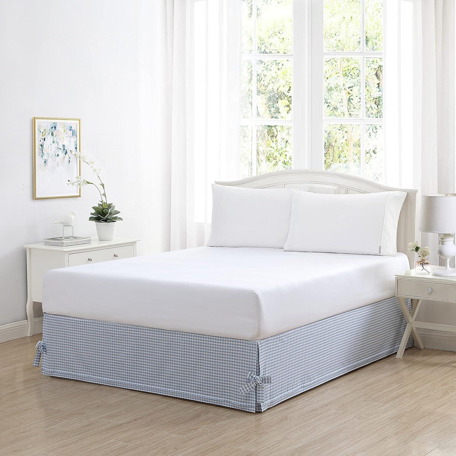 Laura Ashley Hedy Blue/White Check 100% Cotton Tailored Bed Skirt 14.5" drop