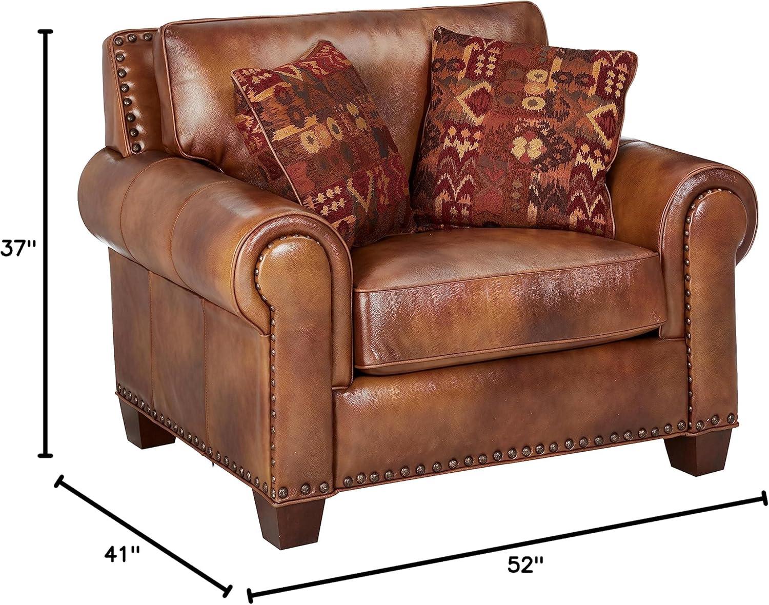 Camel Brown Leather and Wood Traditional Accent Chair