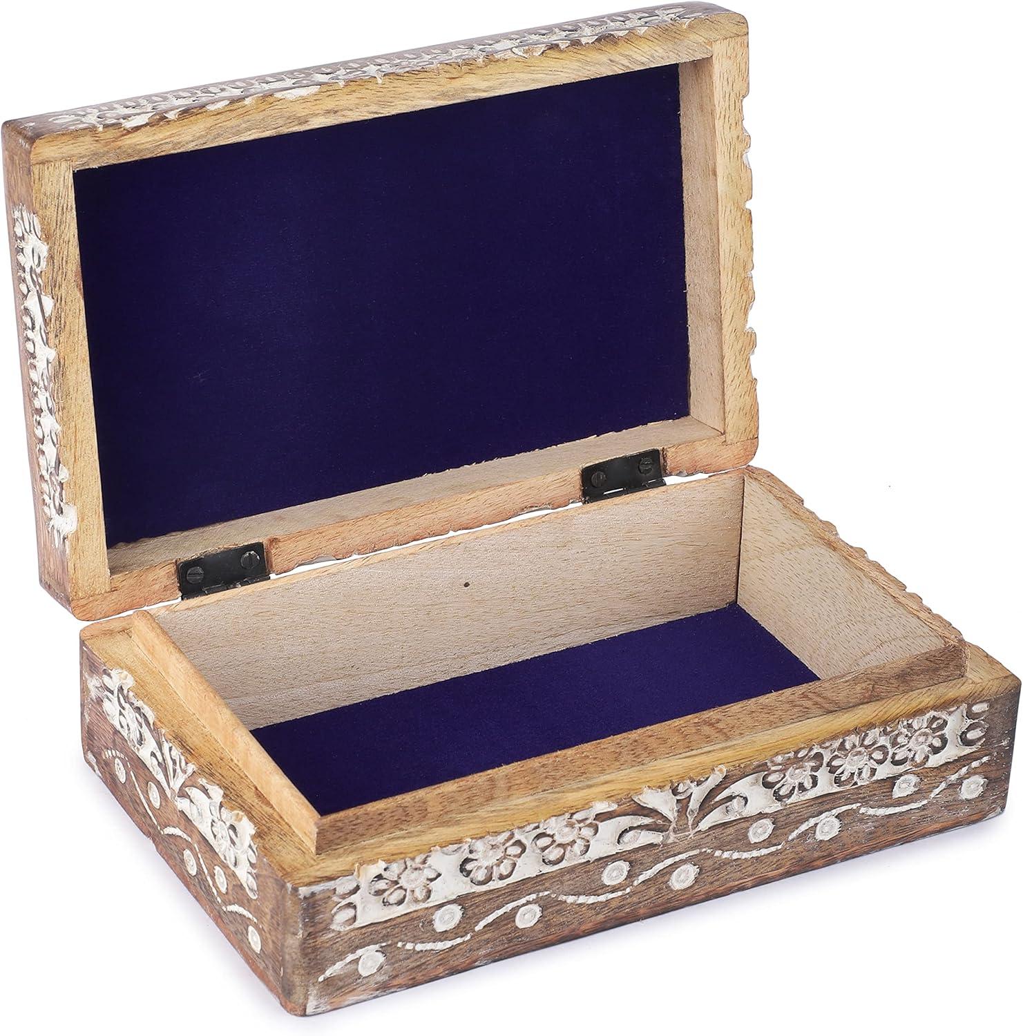 Ajuny Wooden Hand Carved Decorative Jewelry Storage Box with Moon Star Flower Carvings